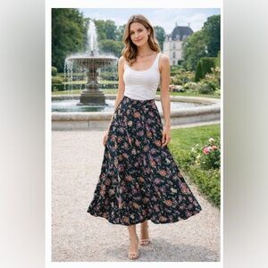 Whimsical Floral Flowy Button Down Midi Skirt Vintage FairyCore Garden whimsy
